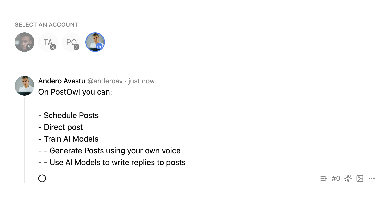 PostOwl scheduling a LinkedIn post, emphasizing the date/time options